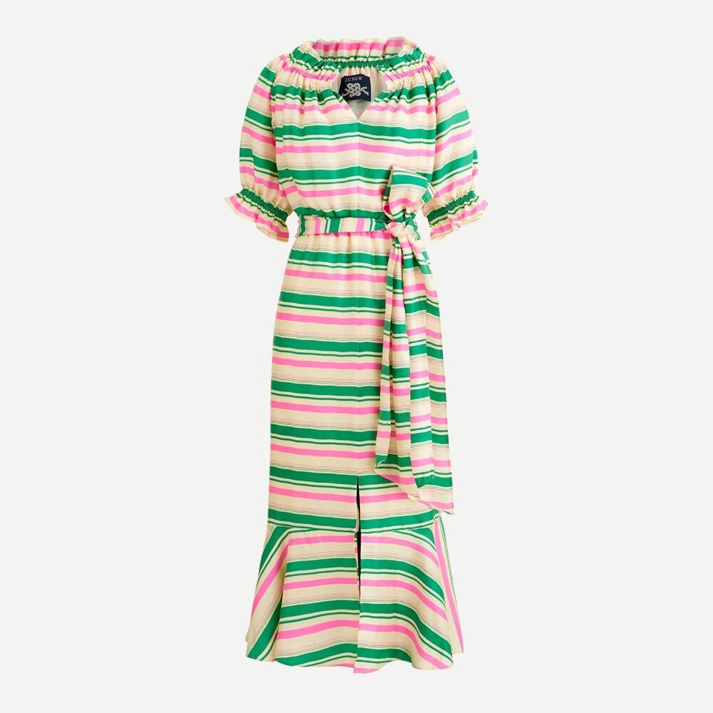 J Crew NWT Silk-twill ruffleneck dress in stripe Size 14
